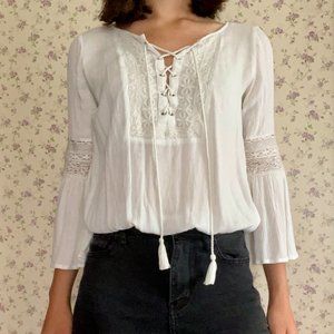 Embroidered Lace-up Long Sleeve Blouse
